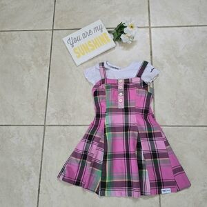 Justice Pink Plaid Pinafore Dress with White Tee